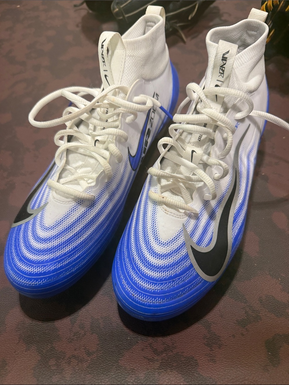 Nike White and Blue High-Top football Cleats